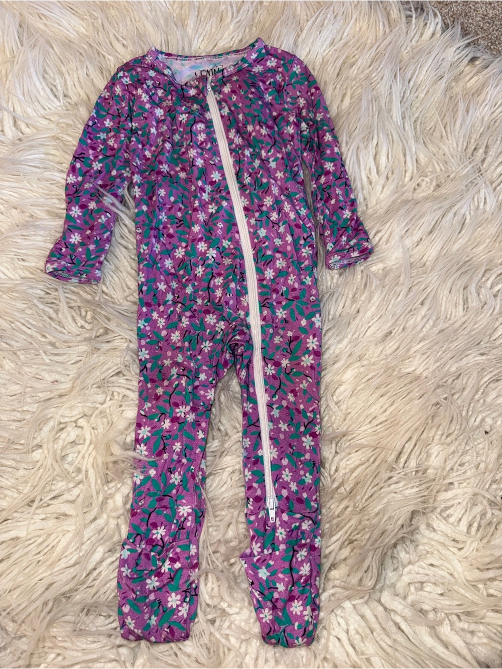 Purple Floral Footed Kids One-Piece Pajamas - Zip Front